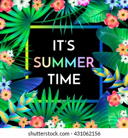 Summer Typographical Background With Tropical Plants