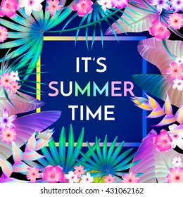 Summer Typographical Background With Tropical Plants