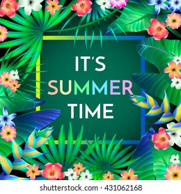 Summer Typographical Background With Tropical Plants