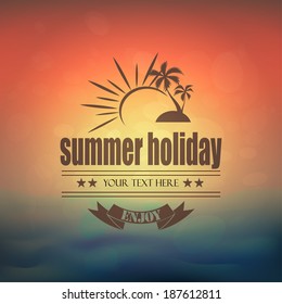 Summer typographical label on blurred background.