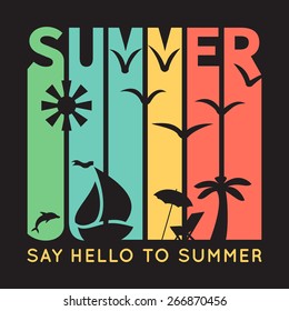 Summer typography with beach icons, t-shirt graphics on black background. Vector illustration. Banner of simple bright symbols of holidays. Sun, boat, palm tree, bird.