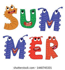 Summer typography cute monster alphabet vector design element