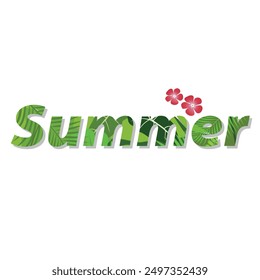 A summer typography decorated with tropical tree leaves and flowers.