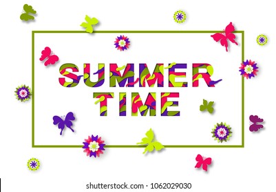 Summer typography design with abstract paper cut shapes. Vector illustration. Colorful carved butterfly, flowers and abstract elements. Trendy summer colors 2018.