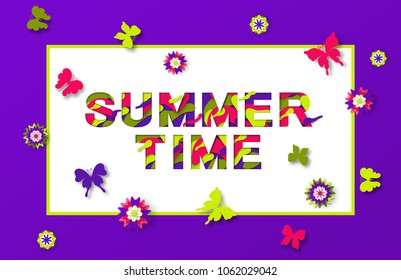 Summer typography design with abstract paper cut shapes. Vector illustration. Colorful carved butterfly, flowers and abstract elements. Trendy summer colors 2018.