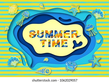 Summer typography design with abstract paper cut shapes, seashells and marine life . Vector illustration. A frame of cut paper.