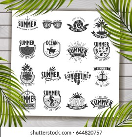 Summer Typography Design Collection - A set of sixteen vintage style Summer Designs on wooden background with palm leaves