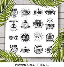 Summer Typography Design Collection - A set of sixteen vintage style Summer Designs on wooden background with palm leaves