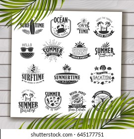 Summer Typography Design Collection - A set of sixteen vintage style Summer Designs on wooden background with palm leaves