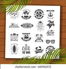 Summer Typography Design Collection - A set of sixteen vintage style Summer Designs on wooden background with palm leaves