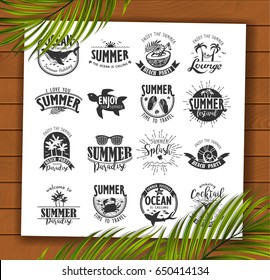 Summer Typography Design Collection - A set of sixteen vintage style Summer Designs on wooden background with palm leaves
