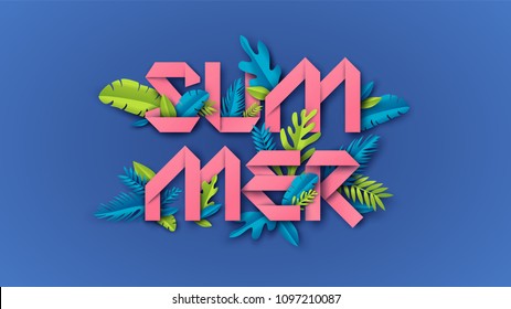 Summer typography design with paper cut design and tropical leaves is an element on colorful background. paper cut and craft style. vector, illustration.