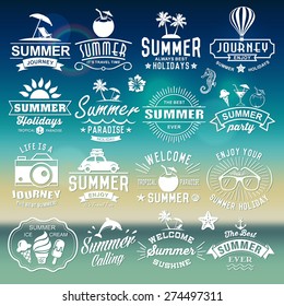 Summer typography designs. Summer logotypes set. Vintage design elements, logos, labels, icons, objects and calligraphic designs. Summer holidays.