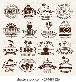 Summer typography designs. Summer logotypes set. Vintage design elements, logos, labels, icons, objects and calligraphic designs. Summer holidays.