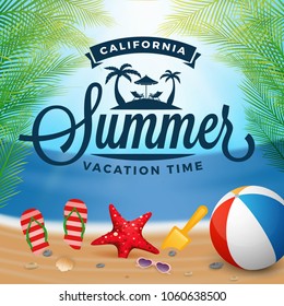 Summer typography and holiday background with design elements. Vector illustration