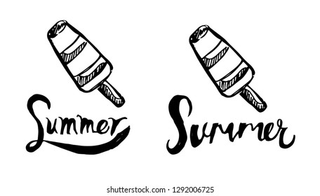 Summer Typography with Ice Cream Logo. Flat Line Icon, Sign, Symbol Isolated Background. Graphic Design Abstract Art, Elements, Vector Illustration EPS 10
