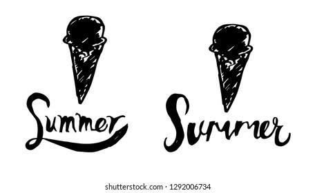 Summer Typography with Ice Cream Logo. Flat Line Icon, Sign, Symbol Isolated Background. Graphic Design Abstract Art, Elements, Vector Illustration EPS 10