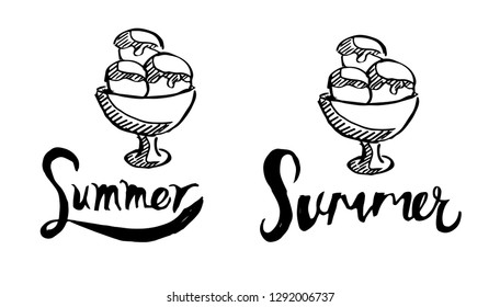 Summer Typography with Ice Cream Logo. Flat Line Icon, Sign, Symbol Isolated Background. Graphic Design Abstract Art, Elements, Vector Illustration EPS 10