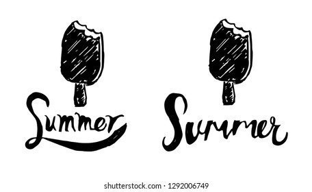 Summer Typography with Ice Cream Logo. Flat Line Icon, Sign, Symbol Isolated Background. Graphic Design Abstract Art, Elements, Vector Illustration EPS 10