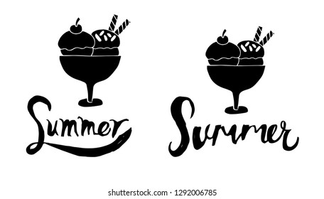 Summer Typography with Ice Cream Logo. Flat Line Icon, Sign, Symbol Isolated Background. Graphic Design Abstract Art, Elements, Vector Illustration EPS 10
