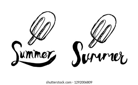 Summer Typography with Ice Cream Logo. Flat Line Icon, Sign, Symbol Isolated Background. Graphic Design Abstract Art, Elements, Vector Illustration EPS 10
