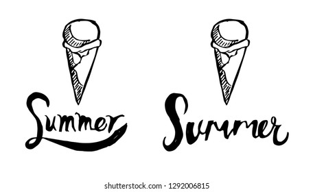 Summer Typography with Ice Cream Logo. Flat Line Icon, Sign, Symbol Isolated Background. Graphic Design Abstract Art, Elements, Vector Illustration EPS 10