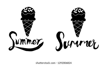 Summer Typography with Ice Cream Logo. Flat Line Icon, Sign, Symbol Isolated Background. Graphic Design Abstract Art, Elements, Vector Illustration EPS 10