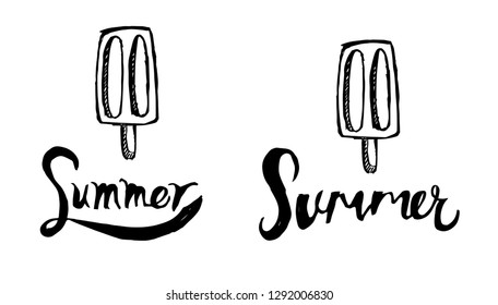 Summer Typography with Ice Cream Logo. Flat Line Icon, Sign, Symbol Isolated Background. Graphic Design Abstract Art, Elements, Vector Illustration EPS 10