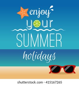 Summer typography and icons with beach background. Summer holidays concept illustration vector.