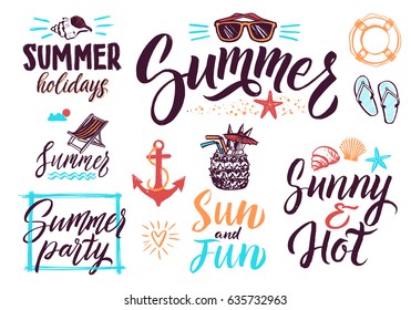 Summer typography lettering decoration for vintage posters or postcards. Vector background pictures set. Calligraphy text summer, illustration of typography writing summer holiday