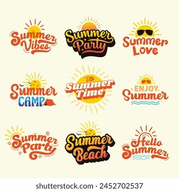 Summer typography logo set. Retro lettering bundle for Summer party. Summer Vector collection for t shirt print. Summer element, greeting card, poster, banner. Sun vector. Orange color hand drawn text svg