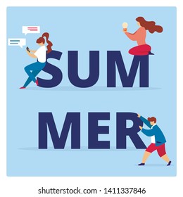 Summer Typography with Men and Women Characters on Blue Background. Girl Messaging at Smartphone, Holding Light Bulb in Hands, Guy Touching Letters. Cartoon Flat Vector Illustration, Square Banner