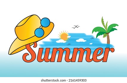 summer typography on sun and beach background. All for Summer holidays and vacation. design for A4, vector illustrationSummer labels, logos, hand drawn tags and elements set for summer holiday, 