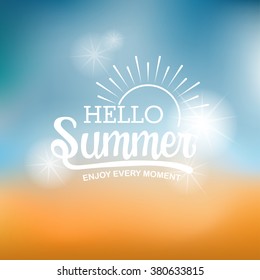 summer typography on sun and beach blur background. All for holidays and vacation. vector illustration