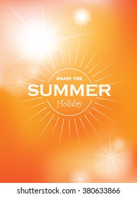 summer typography on sun and beach blur background. All for Summer holidays and vacation. vector illustration