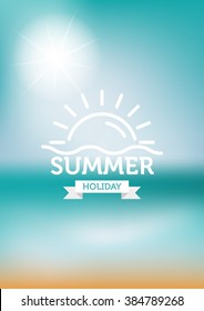 summer typography on sun and beach blur background. All for Summer holidays and vacation. design for A4, vector illustration