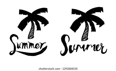 Summer Typography with Palm Tree Logo. Flat Line Icon, Sign, Symbol Isolated Background. Graphic Design Abstract Art, Elements, Vector Illustration EPS 10