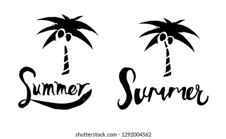 Summer Typography with Palm Tree Logo. Flat Line Icon, Sign, Symbol Isolated Background. Graphic Design Abstract Art, Elements, Vector Illustration EPS 10