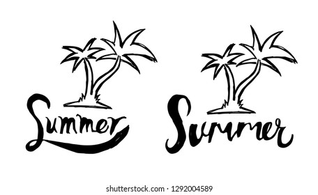 Summer Typography with Palm Tree Logo. Flat Line Icon, Sign, Symbol Isolated Background. Graphic Design Abstract Art, Elements, Vector Illustration EPS 10