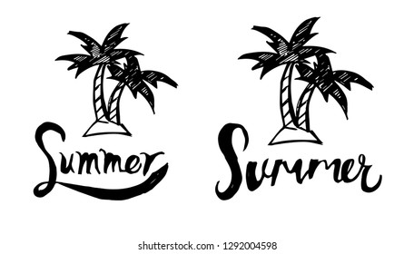 Summer Typography with Palm Tree Logo. Flat Line Icon, Sign, Symbol Isolated Background. Graphic Design Abstract Art, Elements, Vector Illustration EPS 10