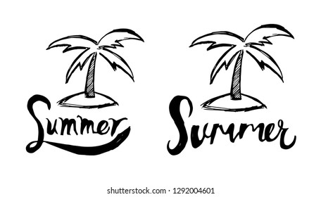 Summer Typography with Palm Tree Logo. Flat Line Icon, Sign, Symbol Isolated Background. Graphic Design Abstract Art, Elements, Vector Illustration EPS 10