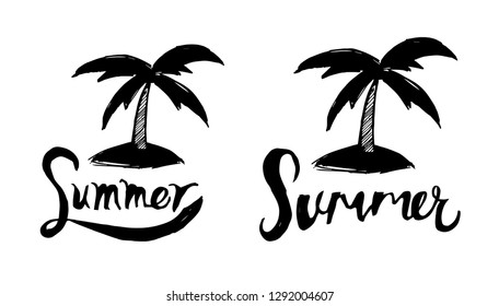 Summer Typography with Palm Tree Logo. Flat Line Icon, Sign, Symbol Isolated Background. Graphic Design Abstract Art, Elements, Vector Illustration EPS 10