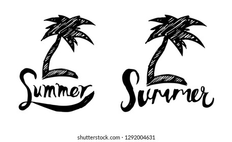 Summer Typography with Palm Tree Logo. Flat Line Icon, Sign, Symbol Isolated Background. Graphic Design Abstract Art, Elements, Vector Illustration EPS 10