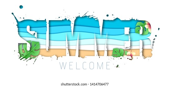 Summer typography poster with beach and ocean waves. Cut out paper art style design