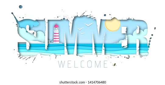 Summer typography poster with beach and ocean waves. Cut out paper art style design