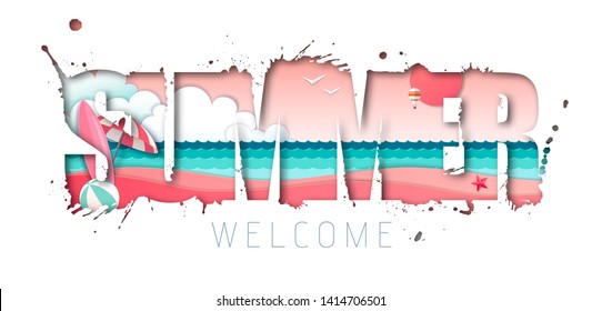 Summer typography poster with beach and ocean waves. Cut out paper art style design