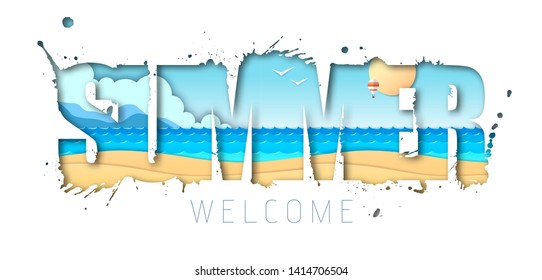 Summer typography poster with beach and ocean waves. Cut out paper art style design