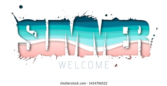 Summer typography poster with beach and ocean waves. Cut out paper art style design
