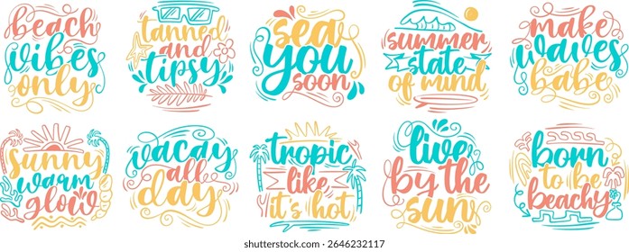 Summer typography quotes set, Summer lettering poster design bundle, Vintage summer graphic collection with script text