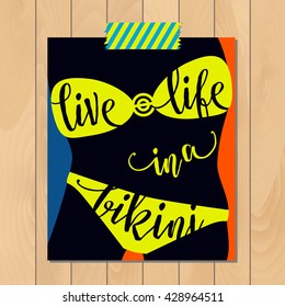 Summer typography sticker, card for print or web on wooden background. Summertime modern fun text sign vector illustration. Lettering, swimming suit, body outline design elements